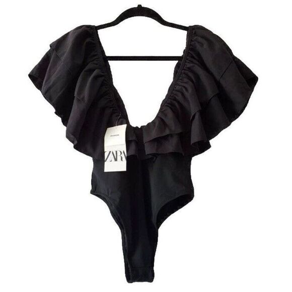 Zara Swimsuit With Maxi Ruffle Size Small Bodysuit One 1 Piece Swim Wear Cruise - Picture 1 of 16